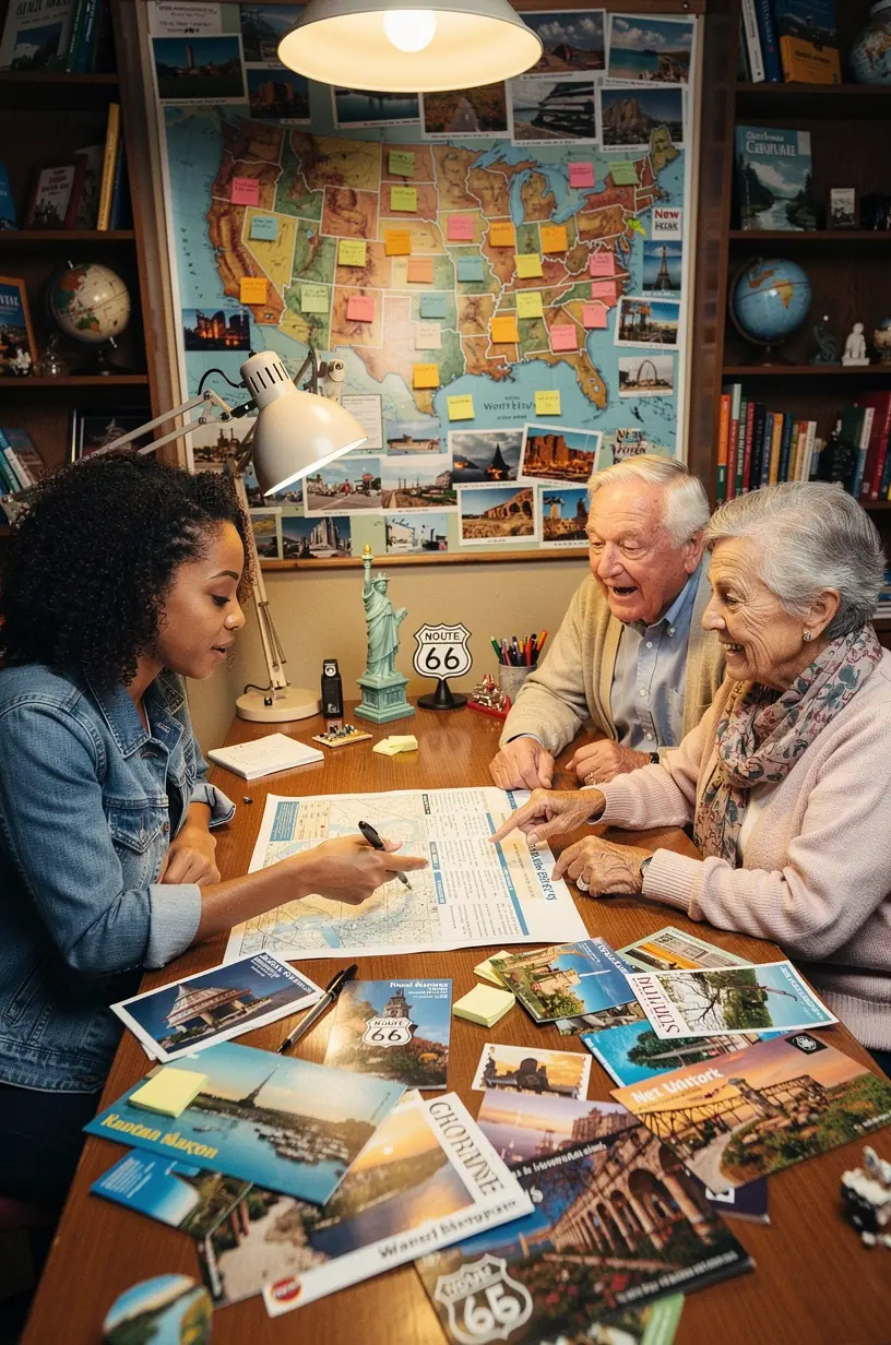 Внутренний вид студии путешествий в торговом центре с демонстрацией образцов печатных планов и туристических материалов.