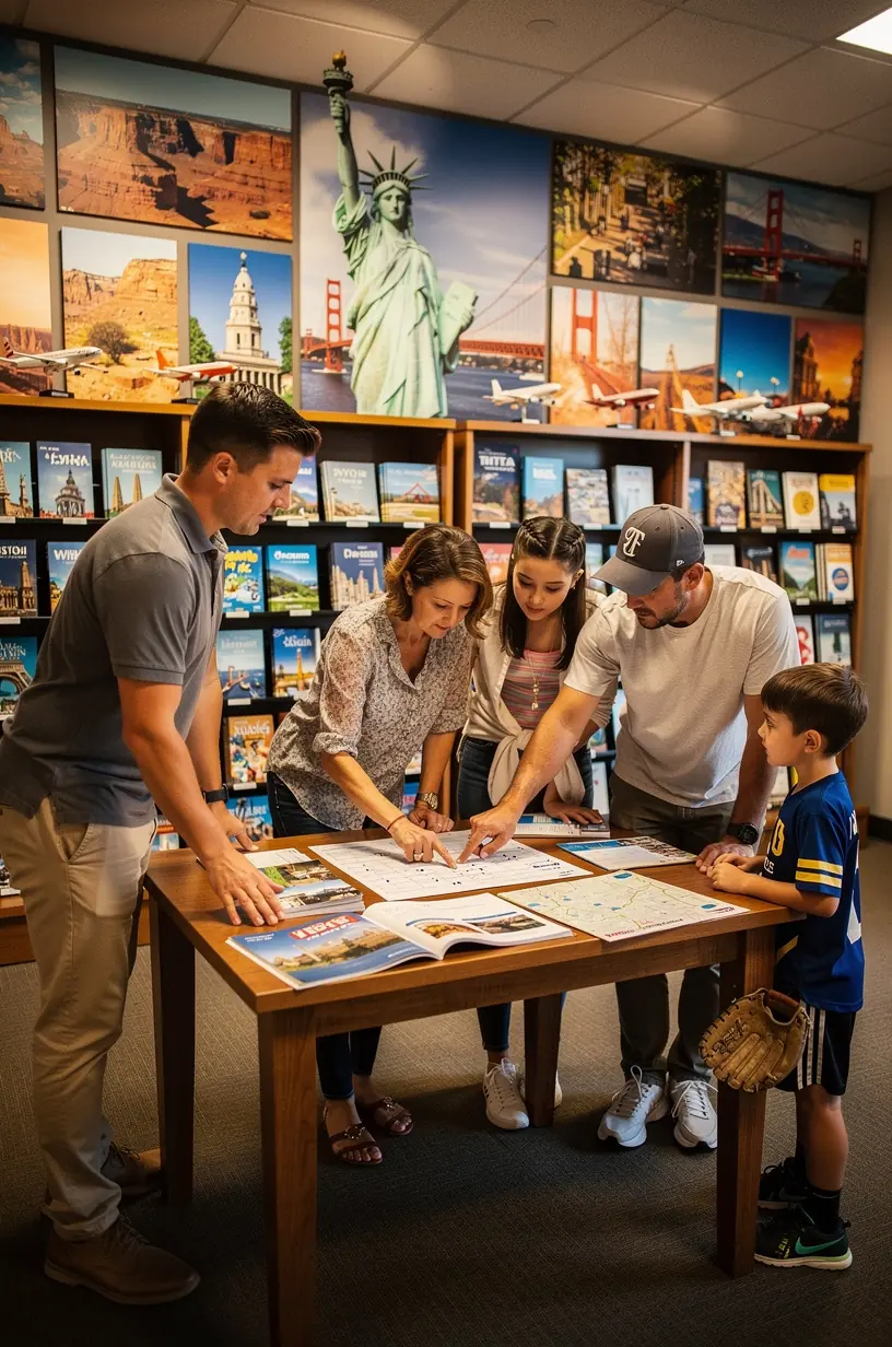 Профессиональный советник по туризму показывает клиенту подробный маршрут путешествия по США, распечатанный на специальной бумаге.